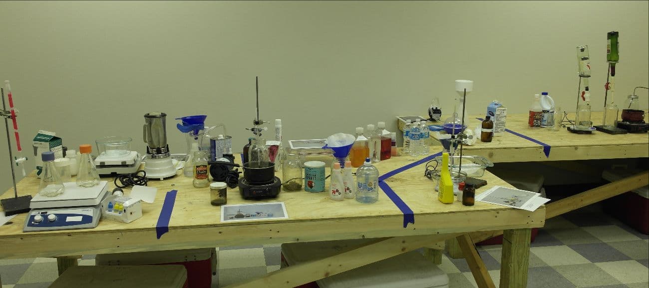 A staged clandestine laboratory: glassware, funnels, bottles and burners laid out on wooden tables.